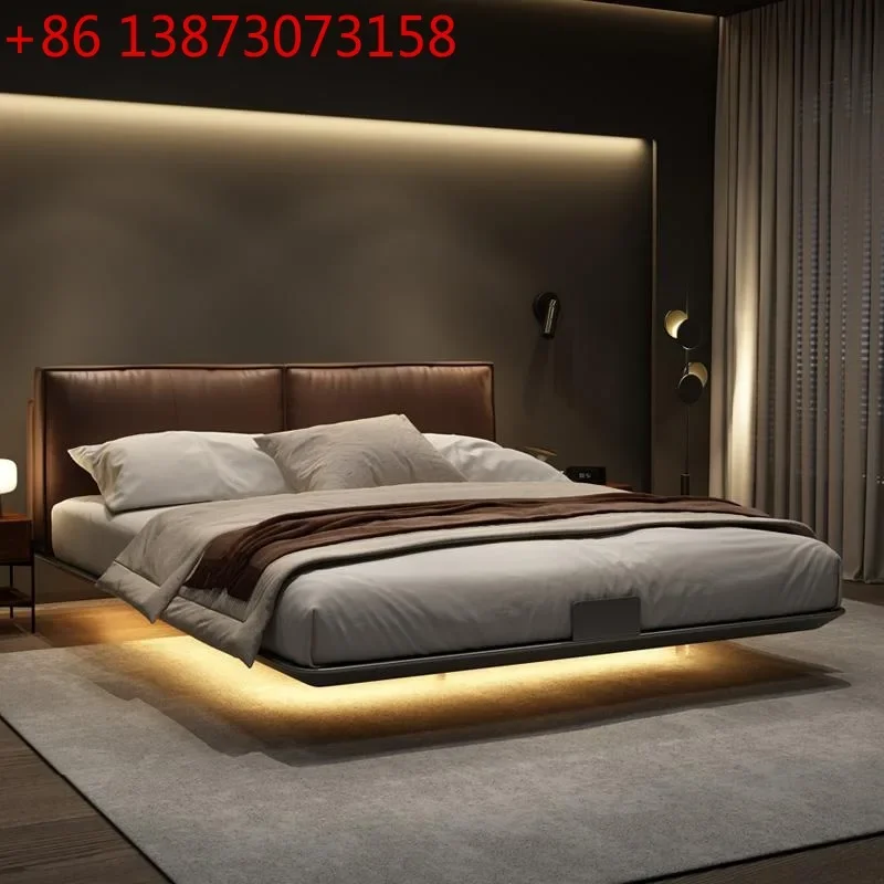 

Italian light luxury leather bed luxury master bedroom bed modern simple Internet celebrity tofu block suspension bed