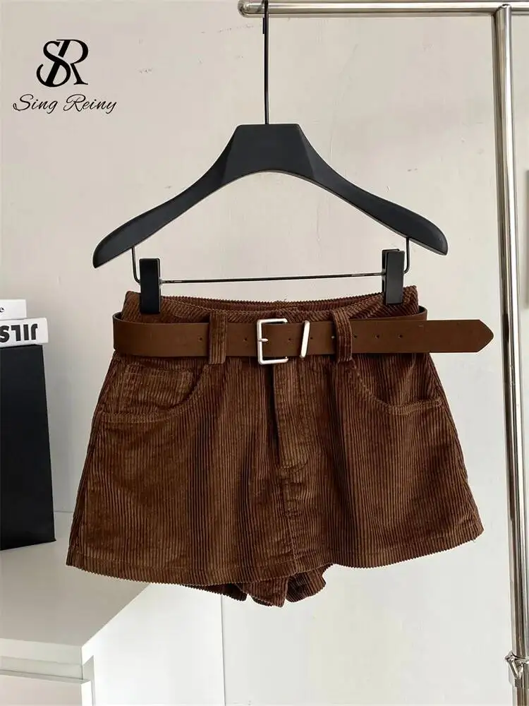 Korean Retro Corduroy Culotte Female Sashes Metal Button Pocket Simple Autumn Winter Casual Fashion Mini A-line Skirt