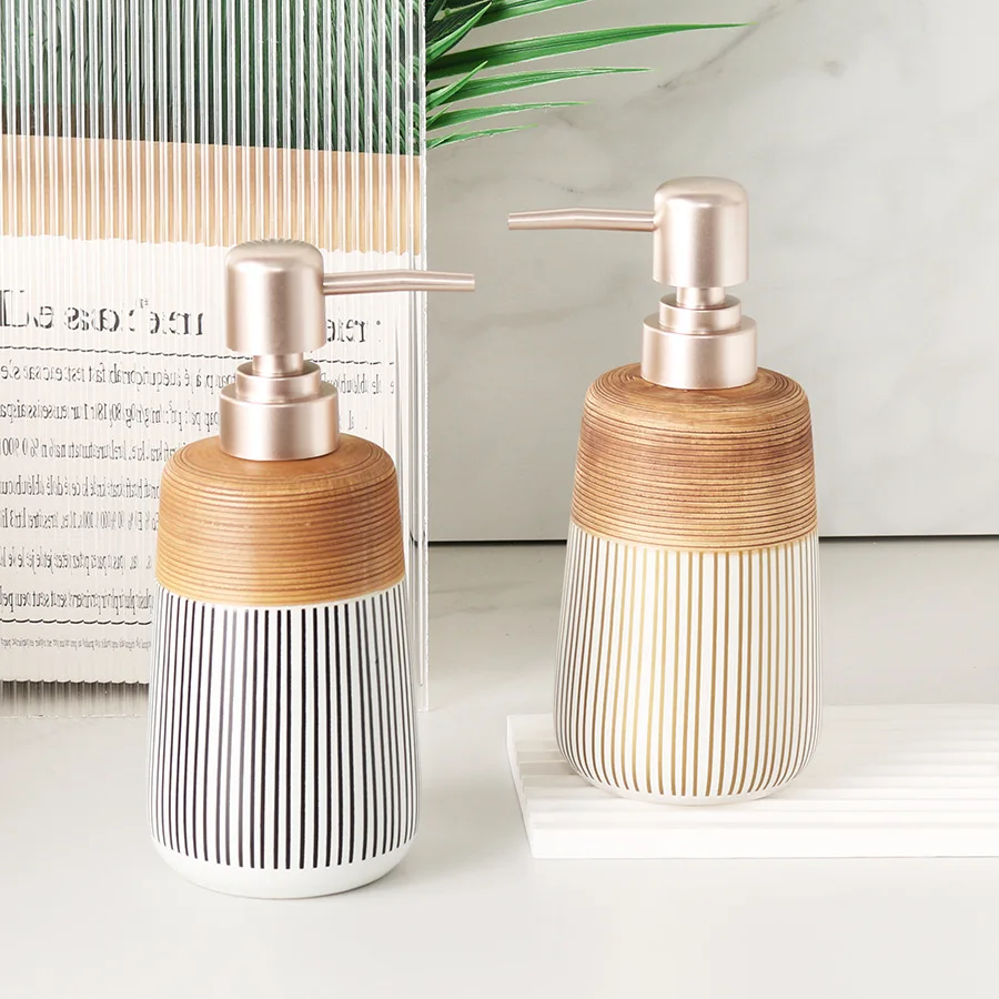 Minimalist Striped Ceramic Dispenser Bottle Press Type Lotion Container For Hotel Bathroom Shower Gel Shampoo Refill