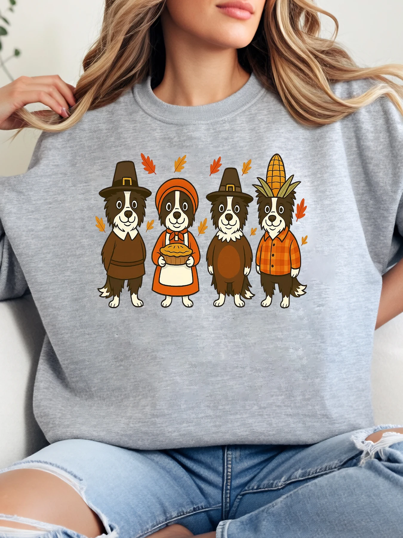 Border Collie Thanksgiving Pilgrim Dogs Print Crewneck Sweatshirt Dames Casual Herfst Vakantiekleding Grijs Plus-Size