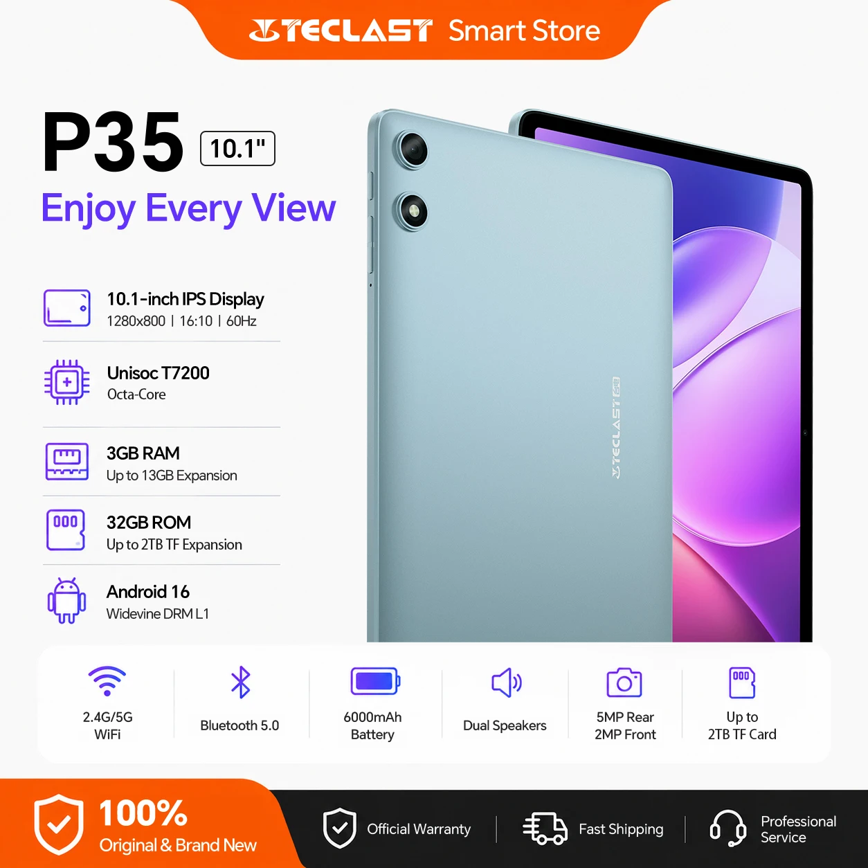 Teclast P35 Tablet 10.1 Inch Android 16 Gemini AI T7200 8-Core 16GB RAM(3GB+13GB Expansion) 32GB ROM 6000mAh Type-C Widevine L1