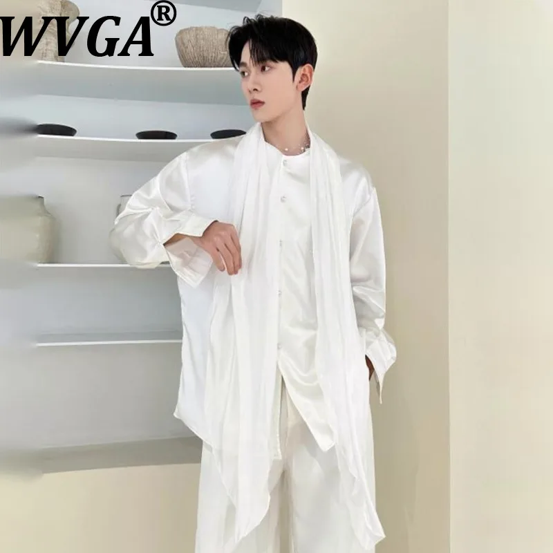 

Мужская атласная рубашка WVGA с длинным рукавом, новинка весна-лето, элегантная, повседневная, с ленточным дизайном, модная, с воротником-стойкой, W21726