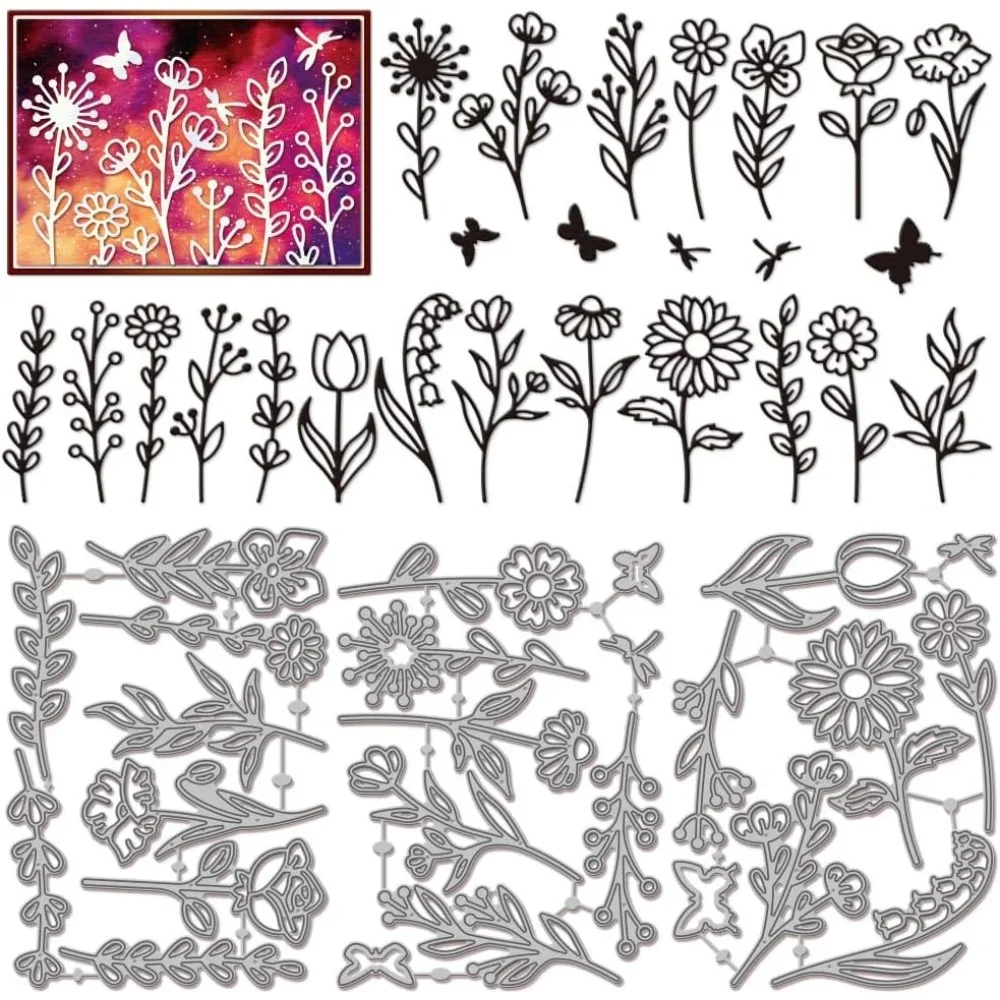 Linie Wildblumen Blatt-Stanzformen für die Kartenherstellung, Schmetterling, Libelle, Metallstanzungen, Blumen und Blätter, geschnittene Schablonen für Heimwerker