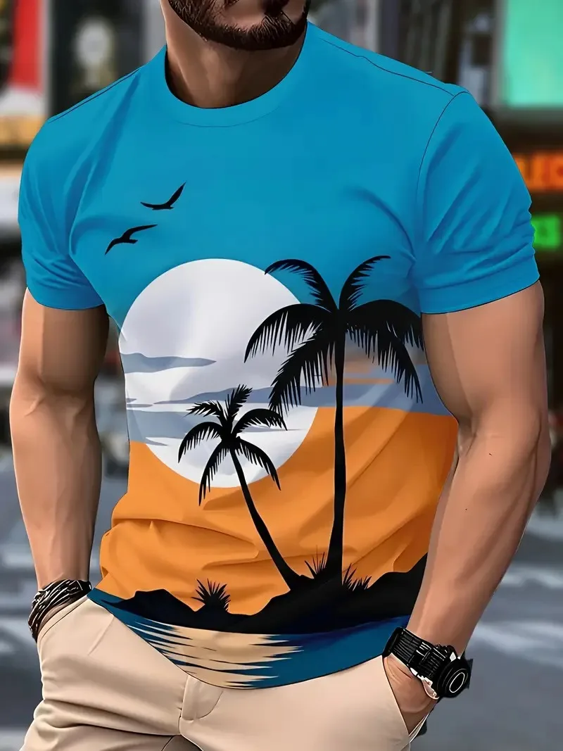 

Fashion men's coconut tree and seagull 3D printed men's T-shirt for summer casual daily Beach and Seaside vacation men clothing