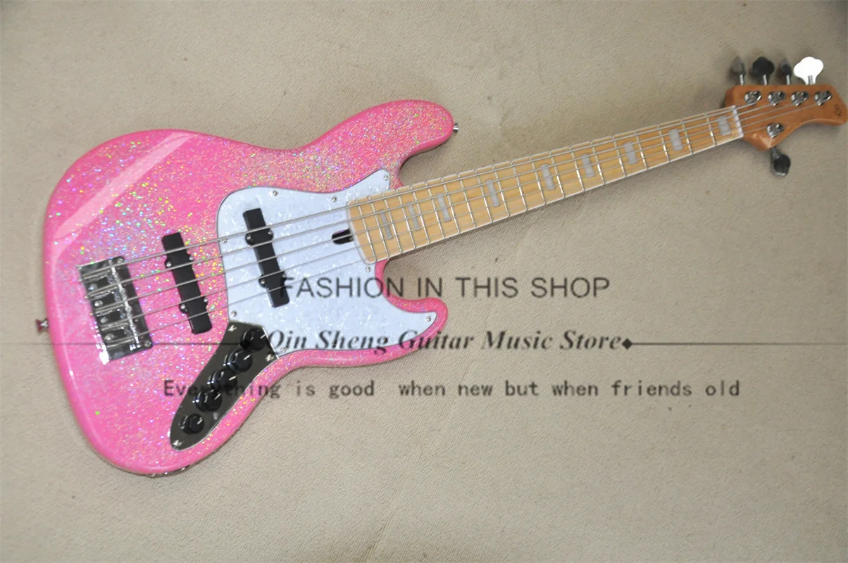 

5 Strings Bass Guitar V7 Pink Bass Basswood Body Maple Neck White Pearl Inlay Active Battery Sparkling Particle Powder