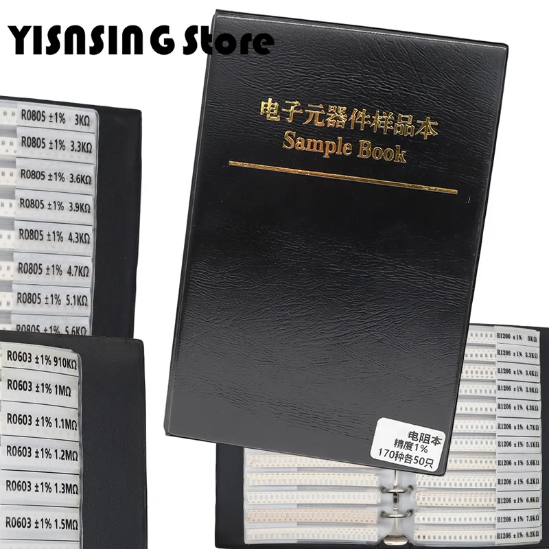 

170Values 8500PCS SMD Resistor 1% 0R ~ 10M 0201 0402 0603 0805 1206 Sample Book Resistors Kit Resistors