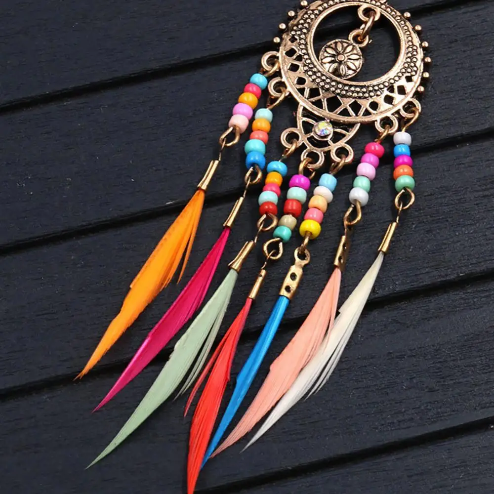 Hook Earrings Jewelry Boho Women Hollow Carved Circle Feather Tassel Dangle