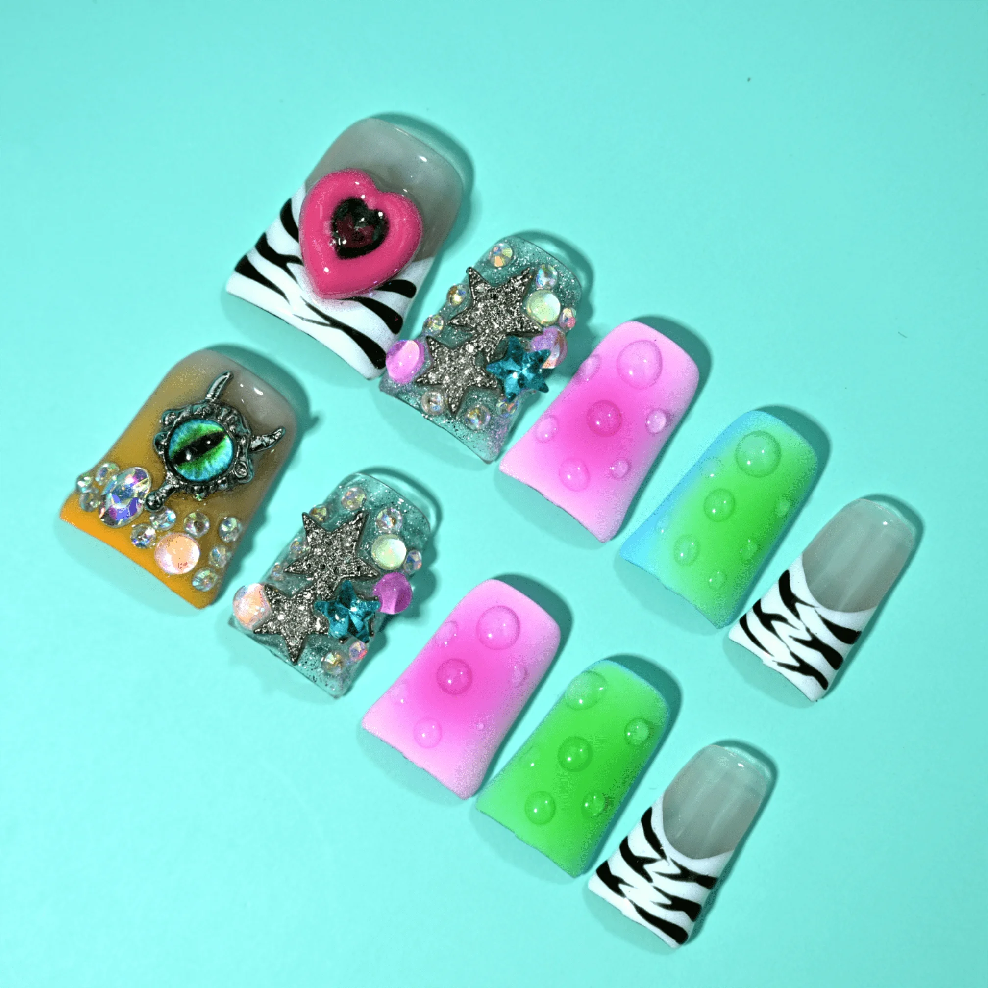 

Handmade Whimsical Sweet Edgy Press On Nails 3D Heart Eye Decor Zebra Print Neon Niche Nails