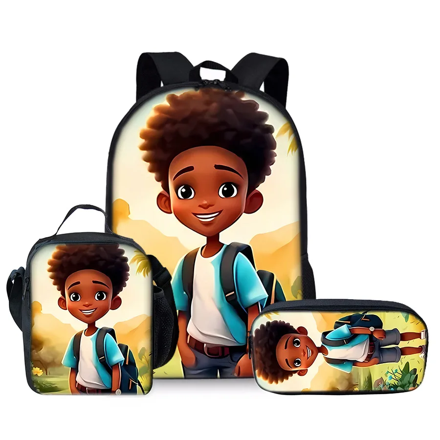 

Cartoon Youthful Novelty Funny African boy 3D Print 3pcs/Set Student Travel bags Laptop Daypack Backpack Lunch Bag Pencil Case