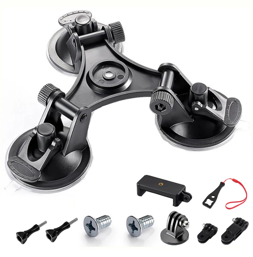 Dreifach-Saugnapfhalterung für DJI OSMO Action 6 5 4 GoPro 13 12 11 10 9 8 mit 1/4"-Standardgewindeadapter für Insta360 X6 X5 X4