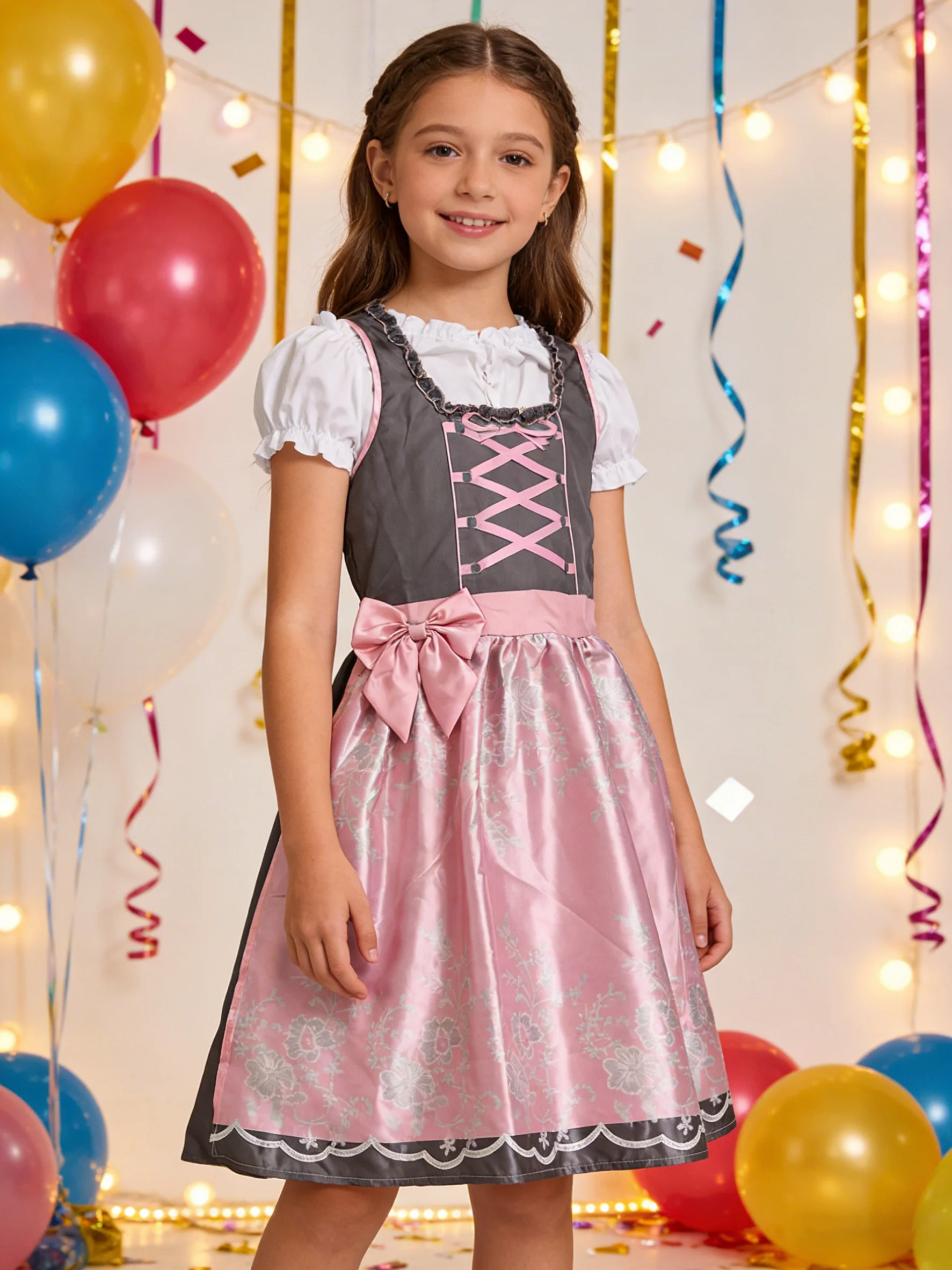 Conjunto de Vestido Rosa de Dos Piezas para Niñas y Adolescentes: 1 Vestido con Peto + 1 Top Blanco con Hombros Descubiertos, con Diseño Estampado en la Parte Delantera, Cuello con Volantes, Vestido con Bloques de Color, Disfraz para Halloween, Carnaval y Otras Fiestas, Traje de Sirvienta, Ropa para Actuaciones en Escenarios y Diversos Lugares
