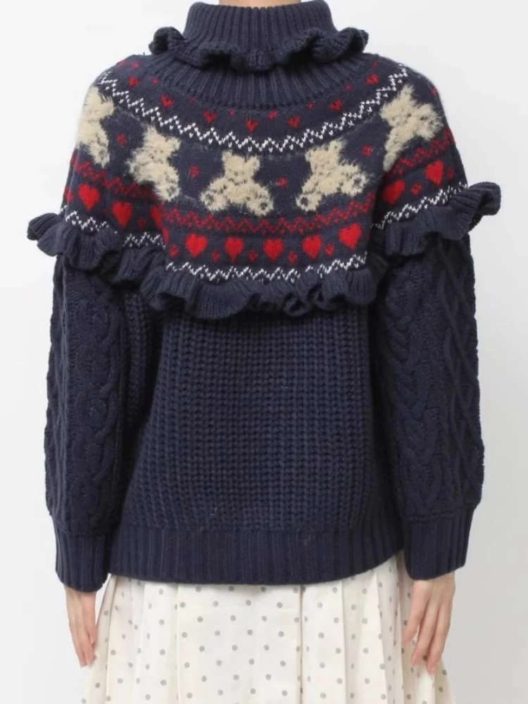 النمط الياباني أنيقة حلوة لطيف الوقوف طوق تكدرت كم طويل فضفاض تنوعا محبوك البلوزات البلوفرات للنساء الخريف