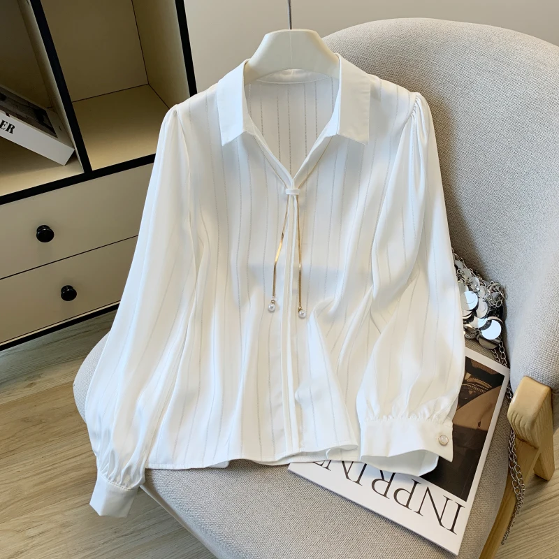 

New Luxury Striped Textured White Shirt Women Long Sleeve Elegant Office Ladies Black Shirts Female Spring Fall Satin Blouse