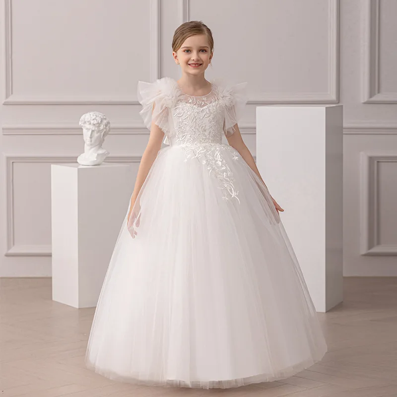 

Girls Party Dresses Kids Long White Bridesmaid Dresses For Wedding Prom Gown Big Bow Teenager Girl Princess Dress Graduation