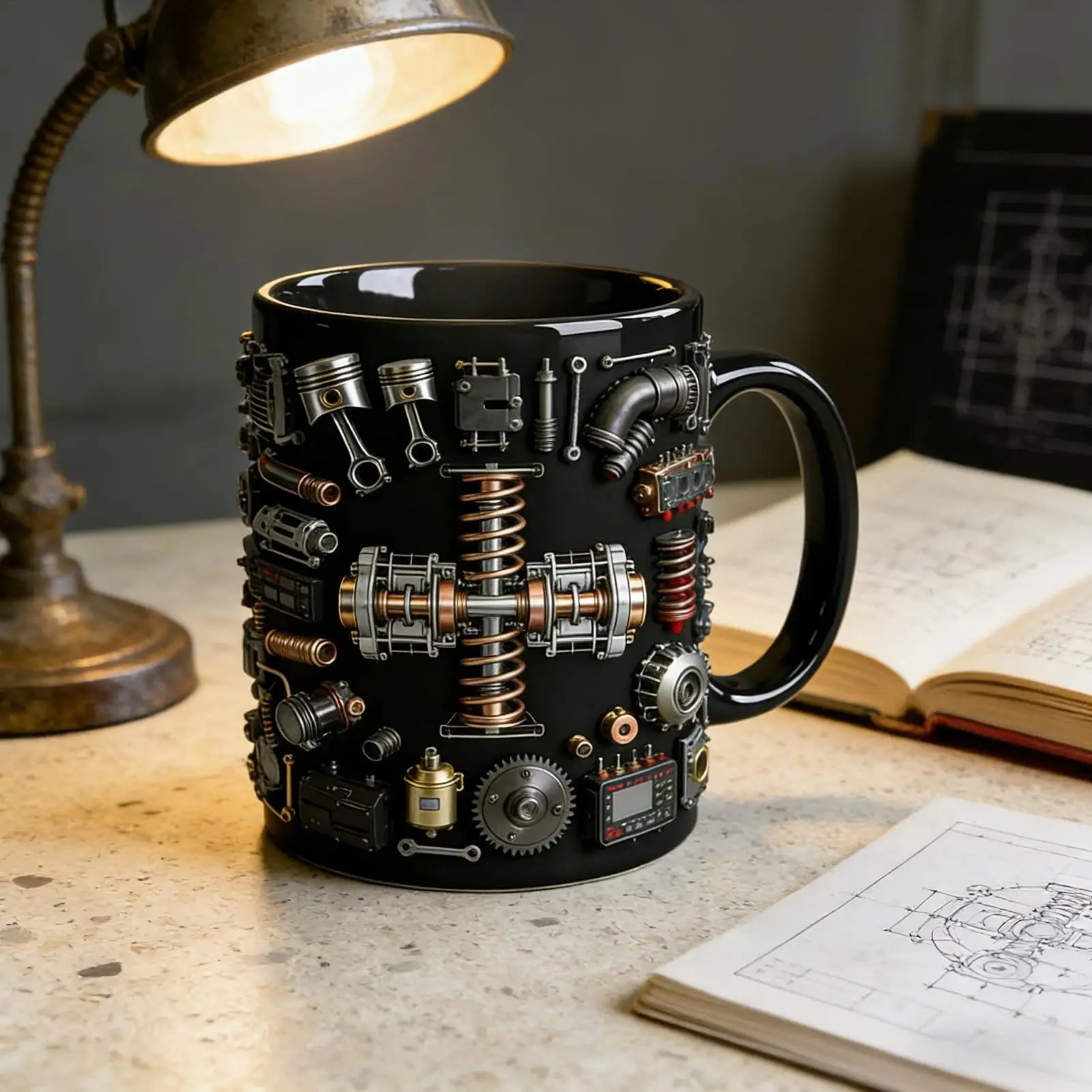 Ceramic Coffee Mugs Vintage Mechanical Cup Ceramic Engine Coffee Cups with Anti-Slip Handle for Home Office Boys Men Boyfriend