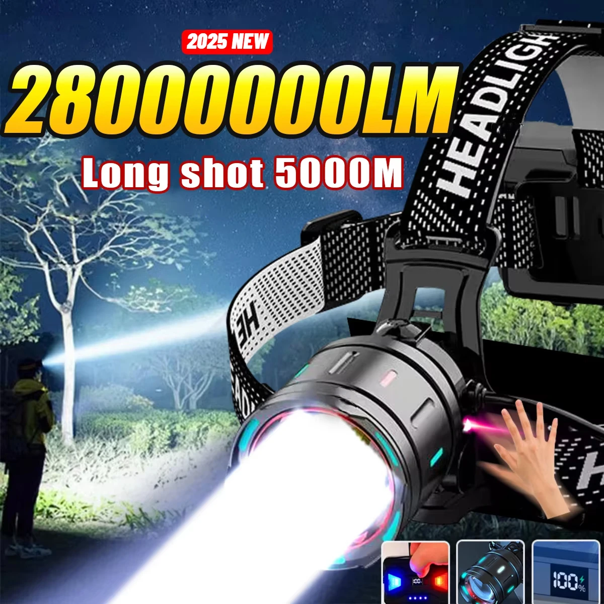 2800000LM Most Powerful LED Headlamp Sensor Head Flashlight High Power Headlight 18650Rechargeable Head Lantern Fishing Camping