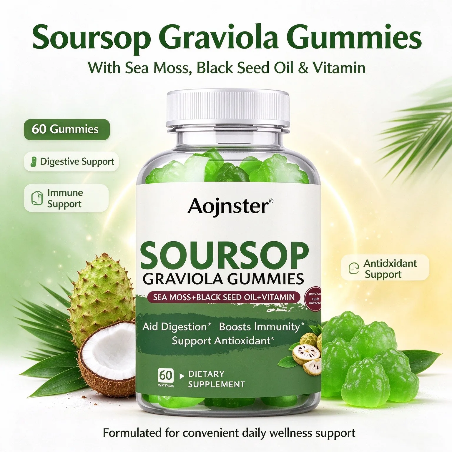Soursop Graviola Gummies with Sea Moss, Black Seed Oil & Vitamin,Antioxidant & Daily Digestion Immune Nutrition Support Gummy