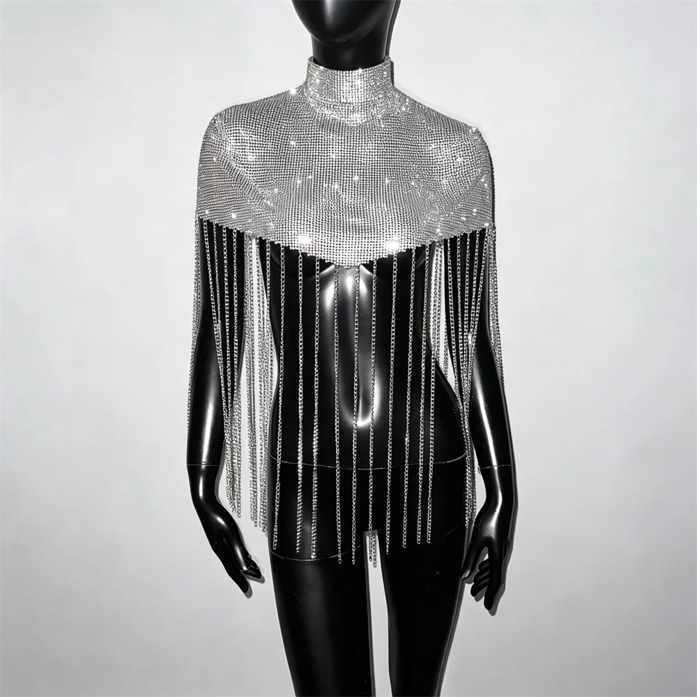 High Neck Rhinestone Fringe Cape Top Women Sexy Sheer Mesh Long Tassel Shirt for Club Party Festival Y2K Fashion Tank Top