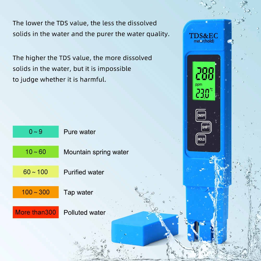 Yieryi 3 In1 EC Meter TDS Temperature Tester Conductivity Water Quality Measurement Pen 0-9999ppm for Swimming Aquariums