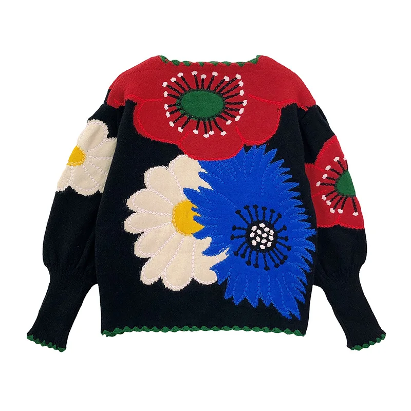 Flower Embroidery Sweater Women Autumn Winter Black Cardigan Knit Jumper Casual Warm Jacquard Top Jumpers