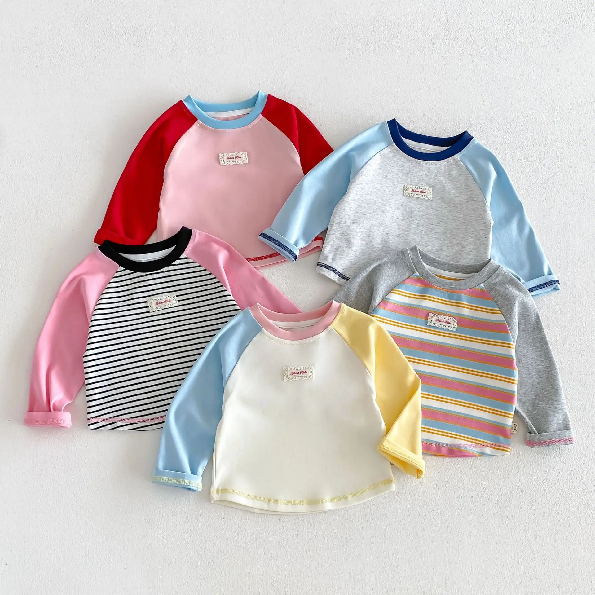 Autumn Kids Long Sleeve T-shirt Letter Patch Stripe Color Blocking Blouse for Girls Boys Soft Cotton Children Clothes