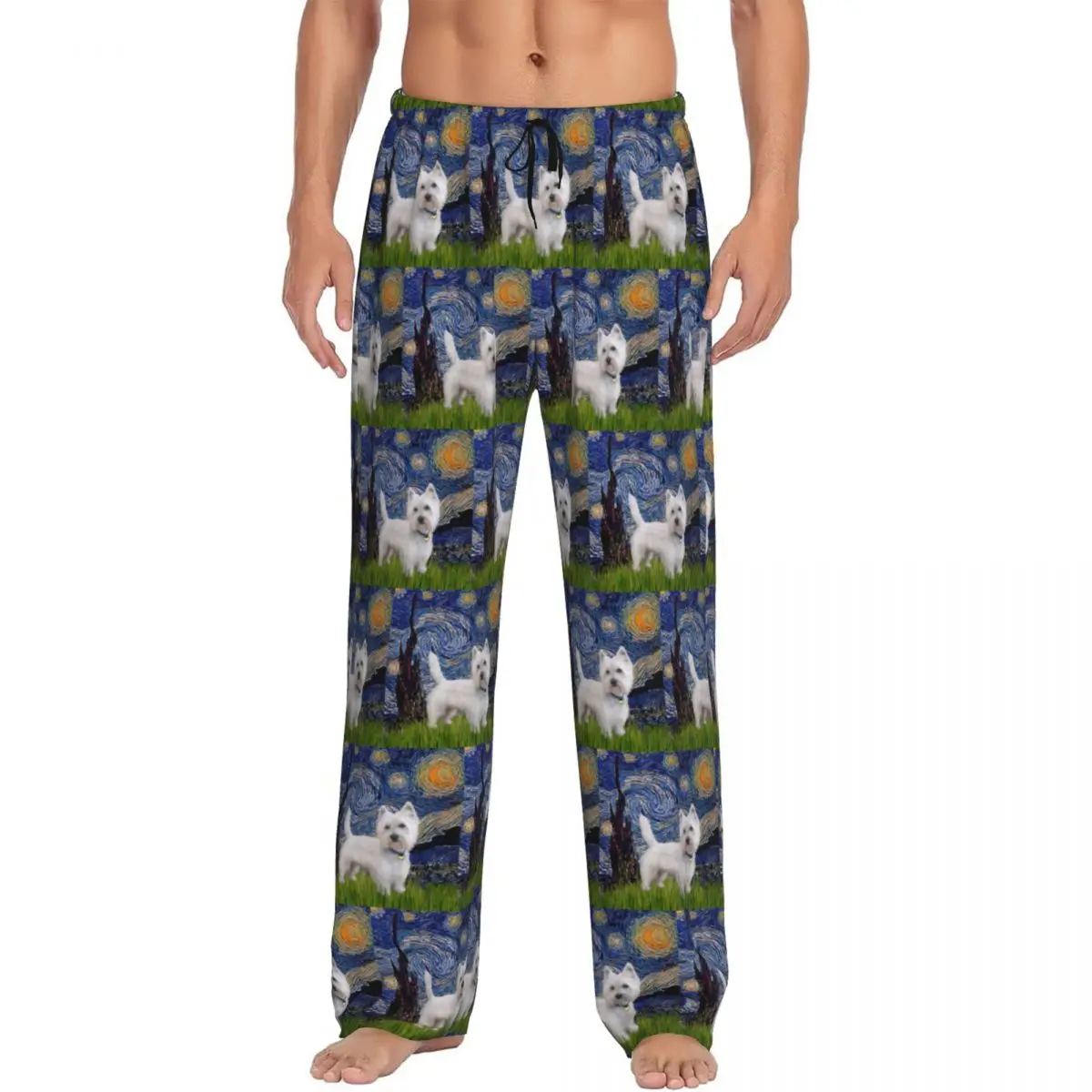 Custom Starry Night West Highland Terrier Pajama Pants Men Westie Dog Van Gogh Art Sleepwear Lounge Sleep Bottoms Stretch Pocket