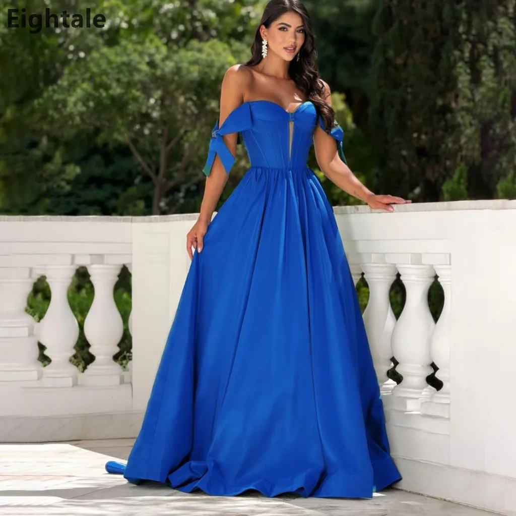 

Eightale 2026 Off-the-Shoulder A Line Royal Blue Satin Corset Maxi Evening Dress Bow Accent Formal Prom Party Gown Customized