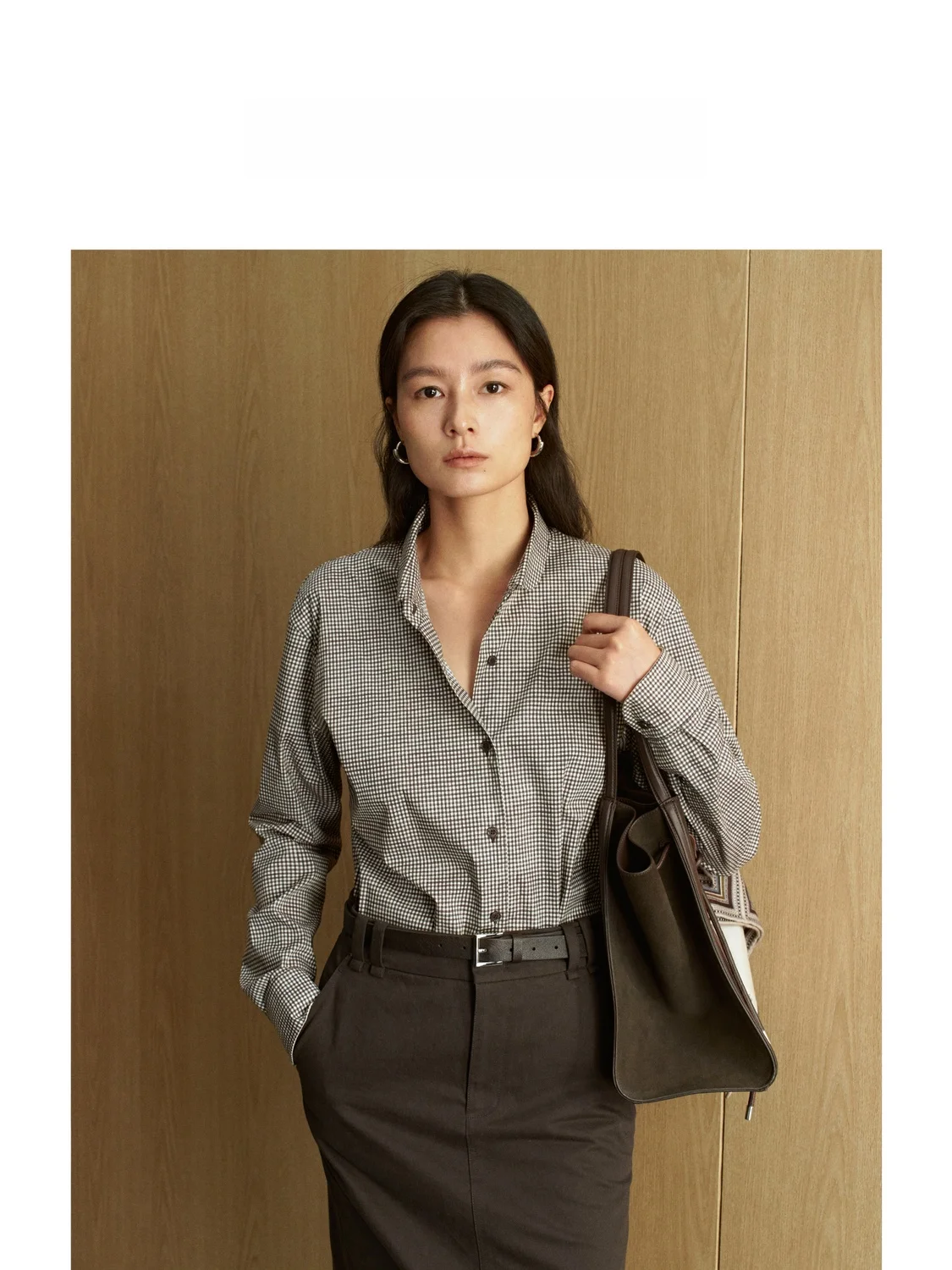 

nt Retro Plaid irt Mixed Fiber Small Arc Collar Commute Sle Long Sve Cotton Nylon Blend Spring New Arrival