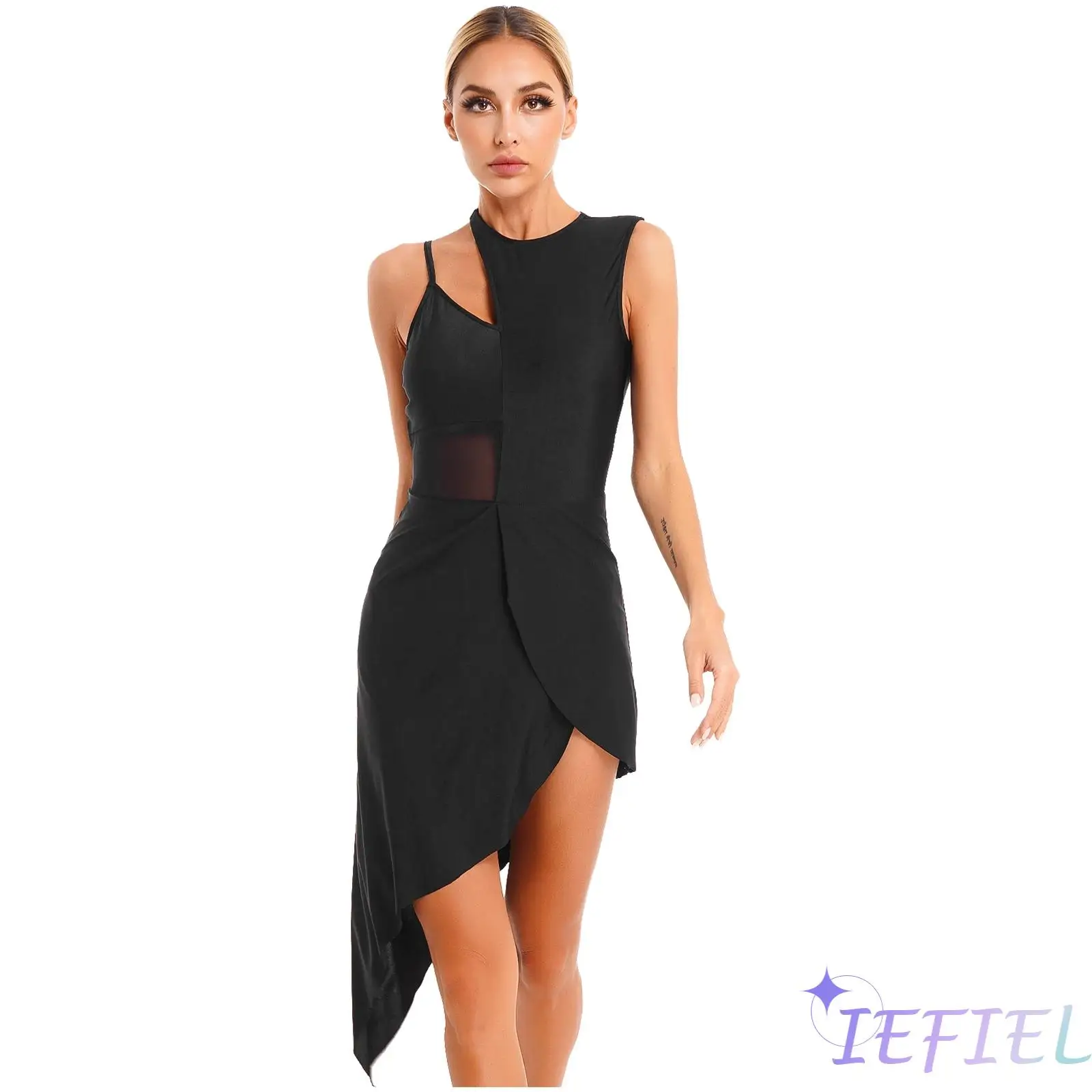 

Womens Latin Dance Dress Rhinestone Irregular Patchwork Sleeveless Dress with Long Mesh Gloves for Cha-cha Modern Jazz Dance
