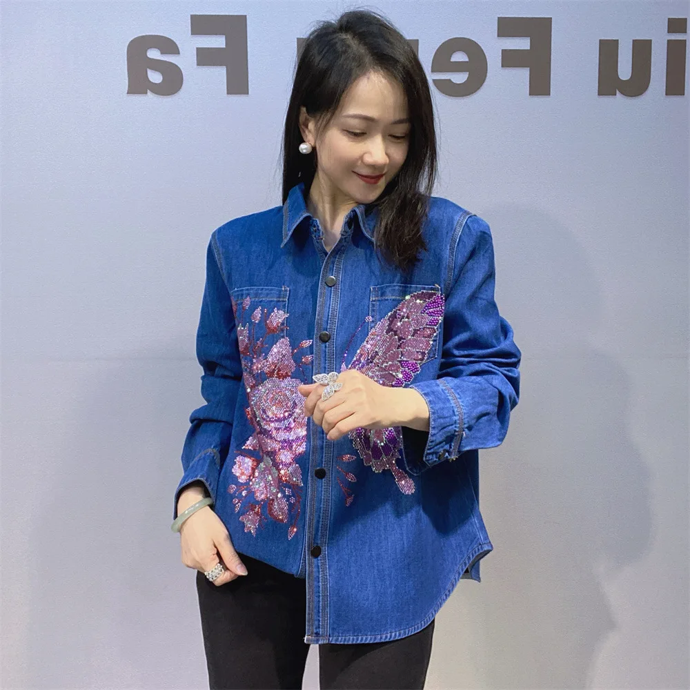 

Trendy Thicken Fleece Denim Shirts New Autumn Winter Single-breasted Loose Cardigans Top Shiny Hot Drilling Long Sleeve Blouses