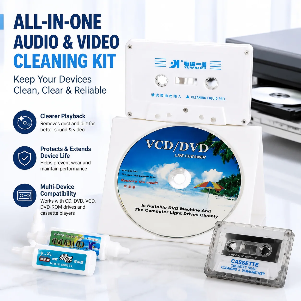 CD Player Lens Cleaner Disc for DVD VCD DVD-ROM Drive, Cassette Tape Head Cleaner Demagnetizer, Removes Dust Dirt