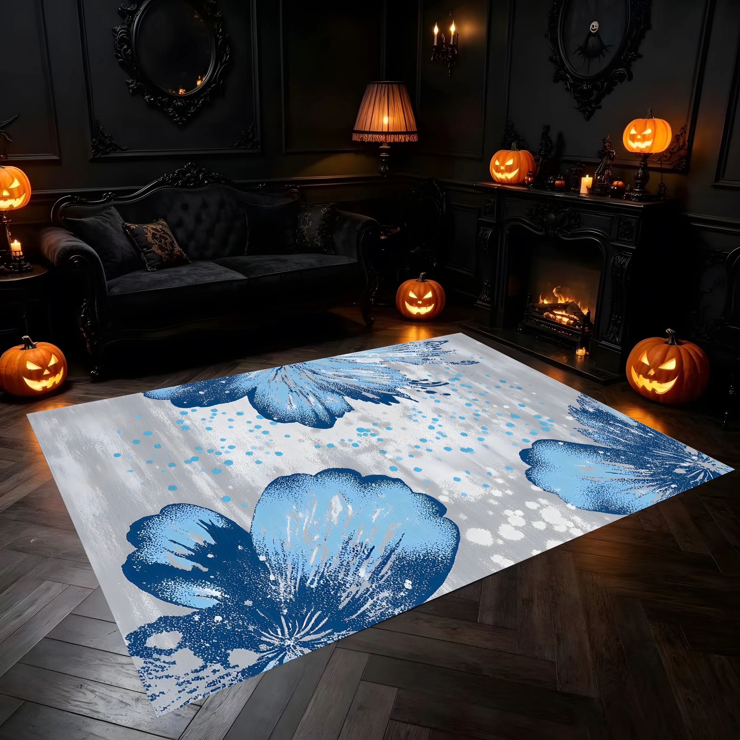 Velvet Rug Watercolor Blue Floral Print French Style for Living Room Bedroom Home Decor