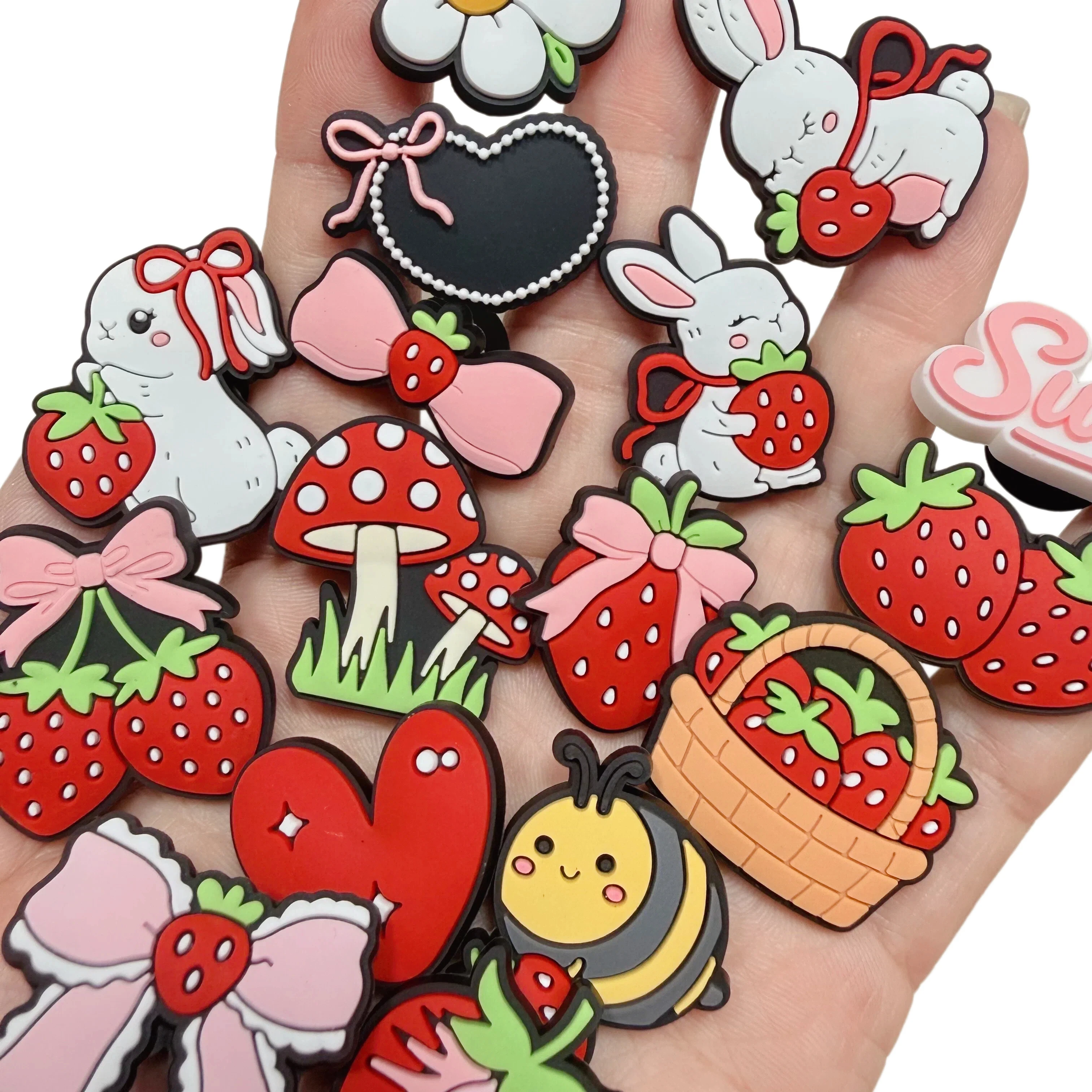 16-50Pcs Strawberry Mushroom PVC Shoe Buckle Charms Flower Rabbit Decorations Pins For Clog For Party Gifts