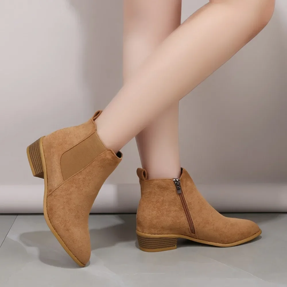 Women's Natural Suede Elastic Patch Low Heel Shoes Autumn and Winter Ankle Boots Square Toe Casual Short Boots Size 36-43