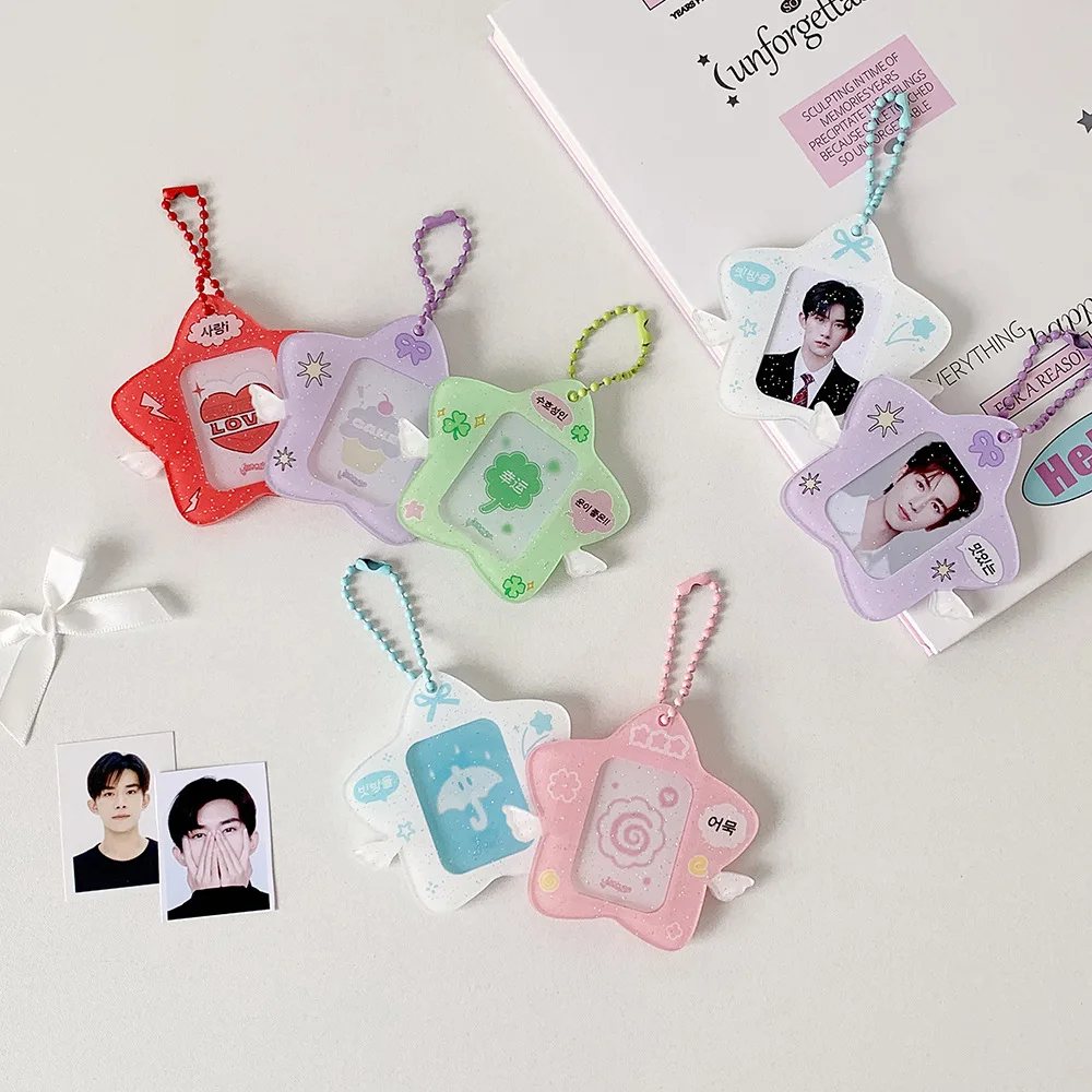 Acrylic Glitter Star Wings Kpop Photocard Holder Keychain Photo Card Holder 1 Inch ID Badge Holder Bus Credit Bank Card Decor