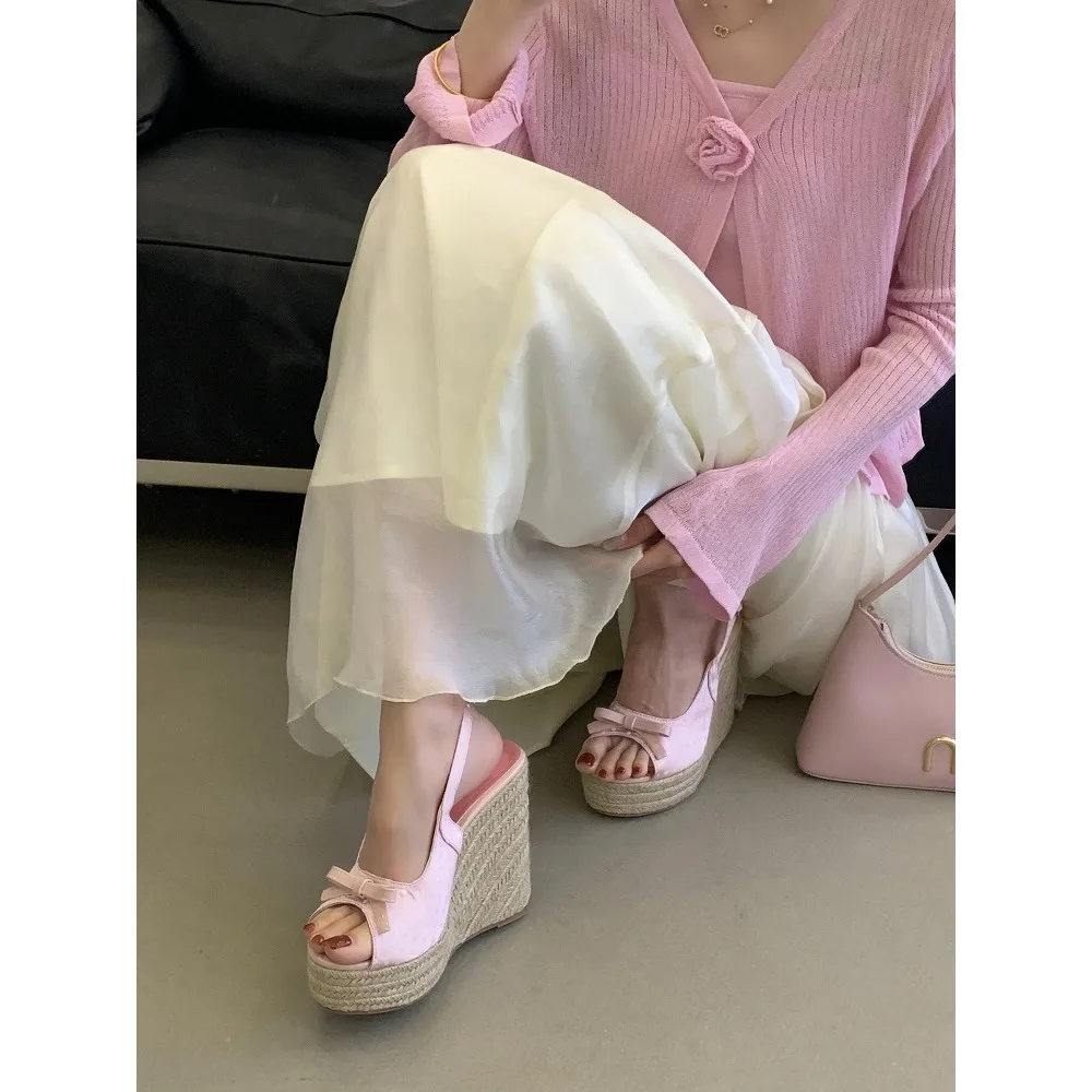 Casual Retro Roman Sandals Polka Butterfly-kont Wedge Platform Woman Sandals Aneikeh Summer Thick Soled Grass Woven High Heels