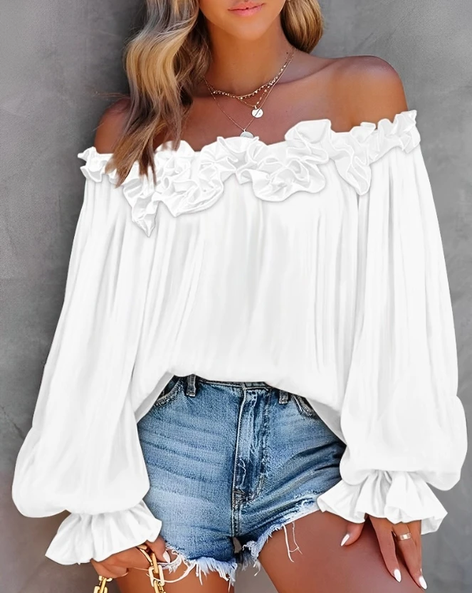 Office 2024 Spring Summer Women\'s Blouse Solid Color Pleated Loose Ruffle Hem Lantern Sleeve Top Off Shoulder Slash Neck Shirt