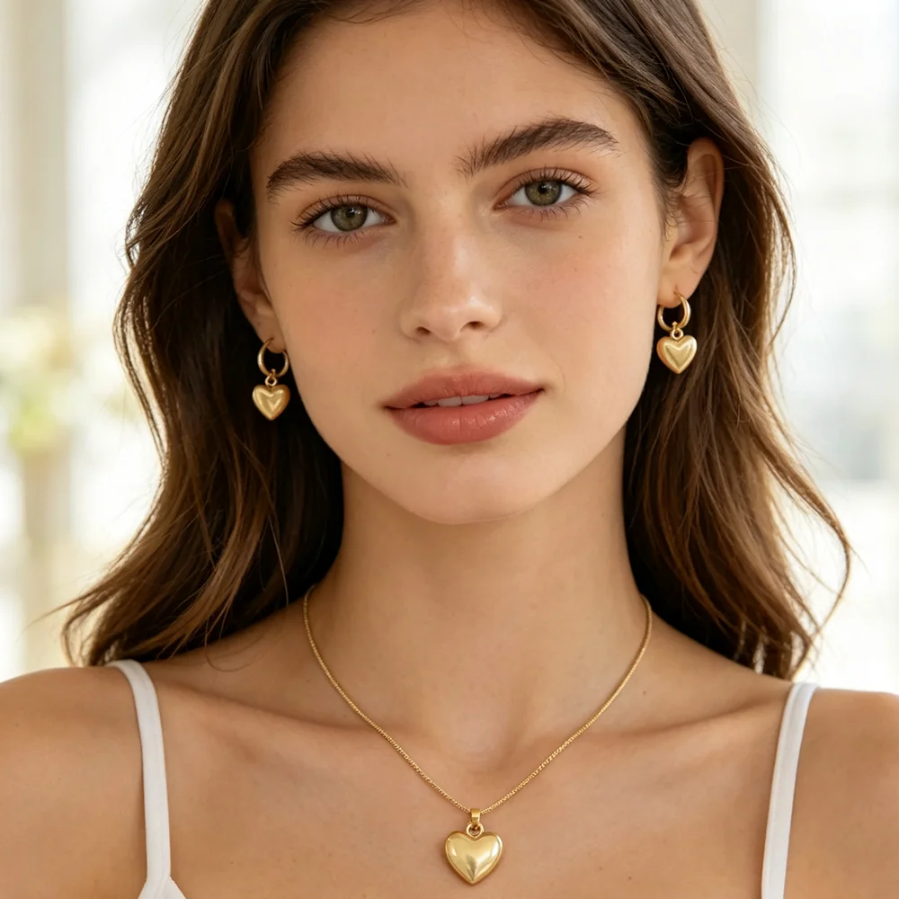 Retro Silver Heart Pendant Necklace Drop Earrings Set Vintage Party Jewelry Gift for Women Girls Bestie Birthday Christmas