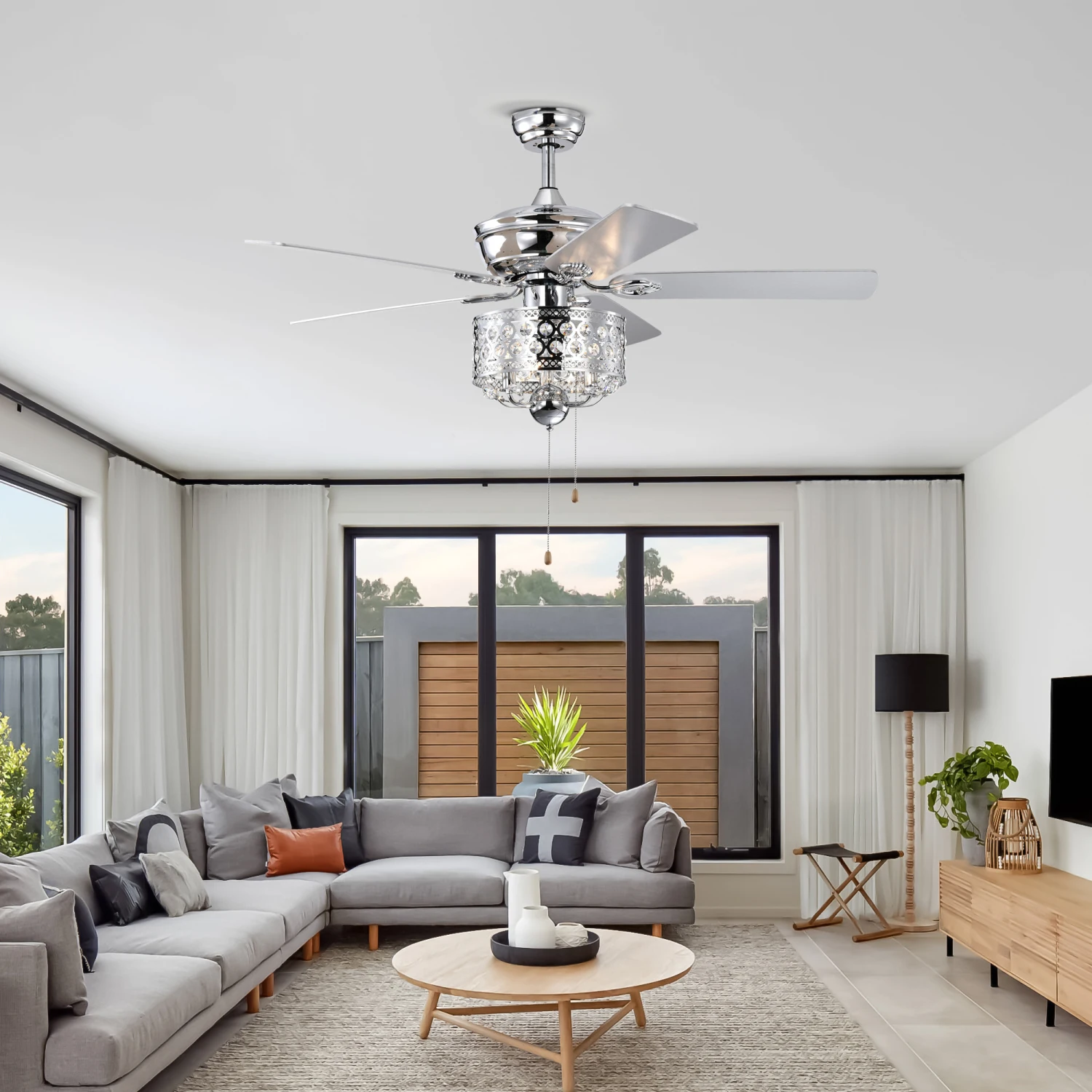 

52" Ceiling Fan with Reversible AC Motors, Chrome Finish - Pull Chain (Bulb Not Included)