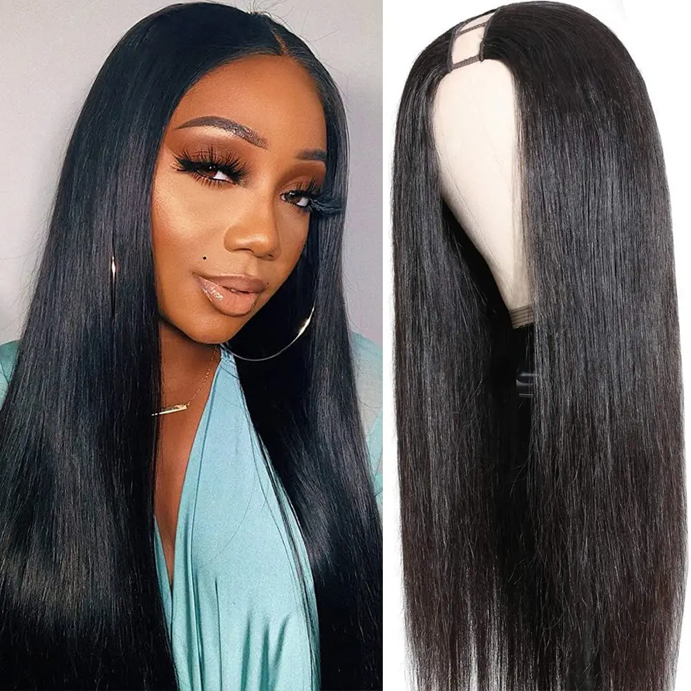 200 densité U partie sans colle perruque droite cheveux humains naturel noir couleur 16-32 pouces mise à niveau U forme perruques de cheveux humains pour les femmes