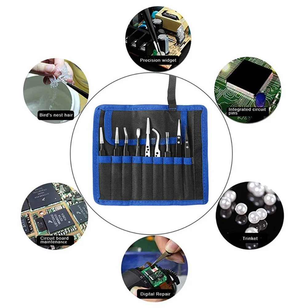Compliant 9 Piece Stainless Steel Tweezers for Electronics Technicians Jewelry Makers and PCB Assembly Professionals