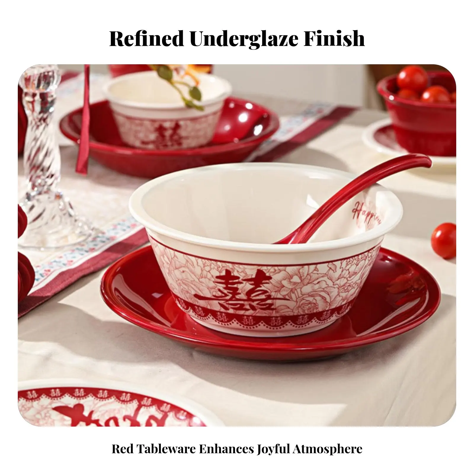 

Набор праздничной керамической посуды красного цвета: тарелки, миски, палочки для еды, с подглазурной росписью, в подарочной коробке, для дома, свадьбы, новоселья