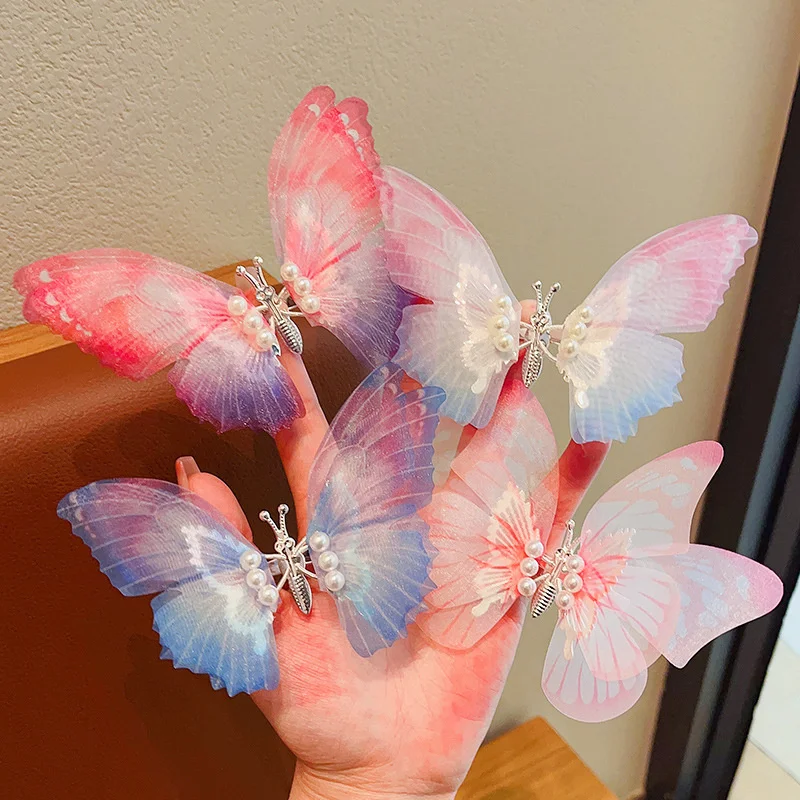 Butterfly Dog Hairpin Moving New Gradient Hair Clip Pet Dog Three-Dimensional Barrettes Pearl Pet Hair Accessories