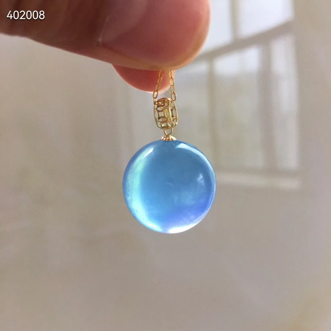 Natural Blue Aquamarine Quartz Pendant Brazil Jewelry 18K Gold 15mm Blue Aquamarine Oval Necklace AAAAA