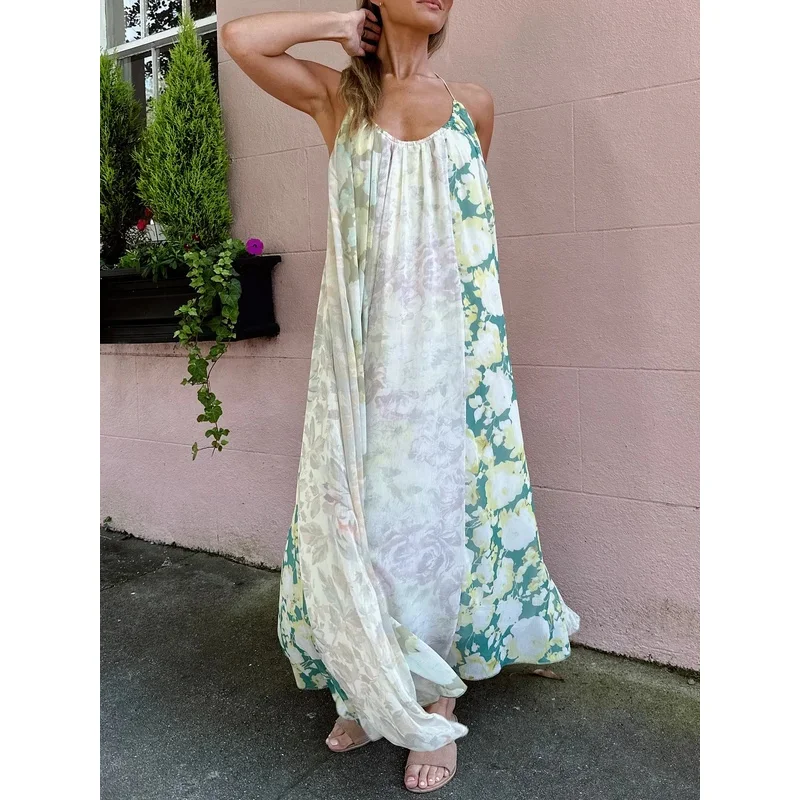 

Women's Vintage Printed Off-Shoulder Chiffon Dress Summer 2025 Elegant Loose Holiday Clothing Street Style Suspender Dress