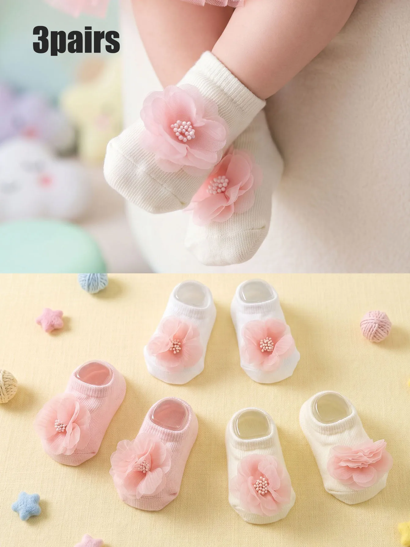 3Pairs 3‑12M Kids Small Floral Ankle Socks Set, Unisex Boys Girls Multi‑Color Cotton Socks for All‑Season Daily Wear