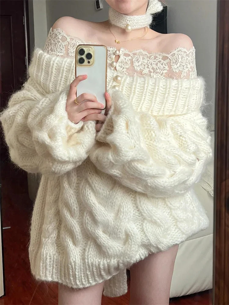 

Sweet Gentle Knit Sweater Women Slash Neck Off Shoulder Chic Lazy Wind Pullovers French Fashion Lace Patchwork Pearl New Jumpers