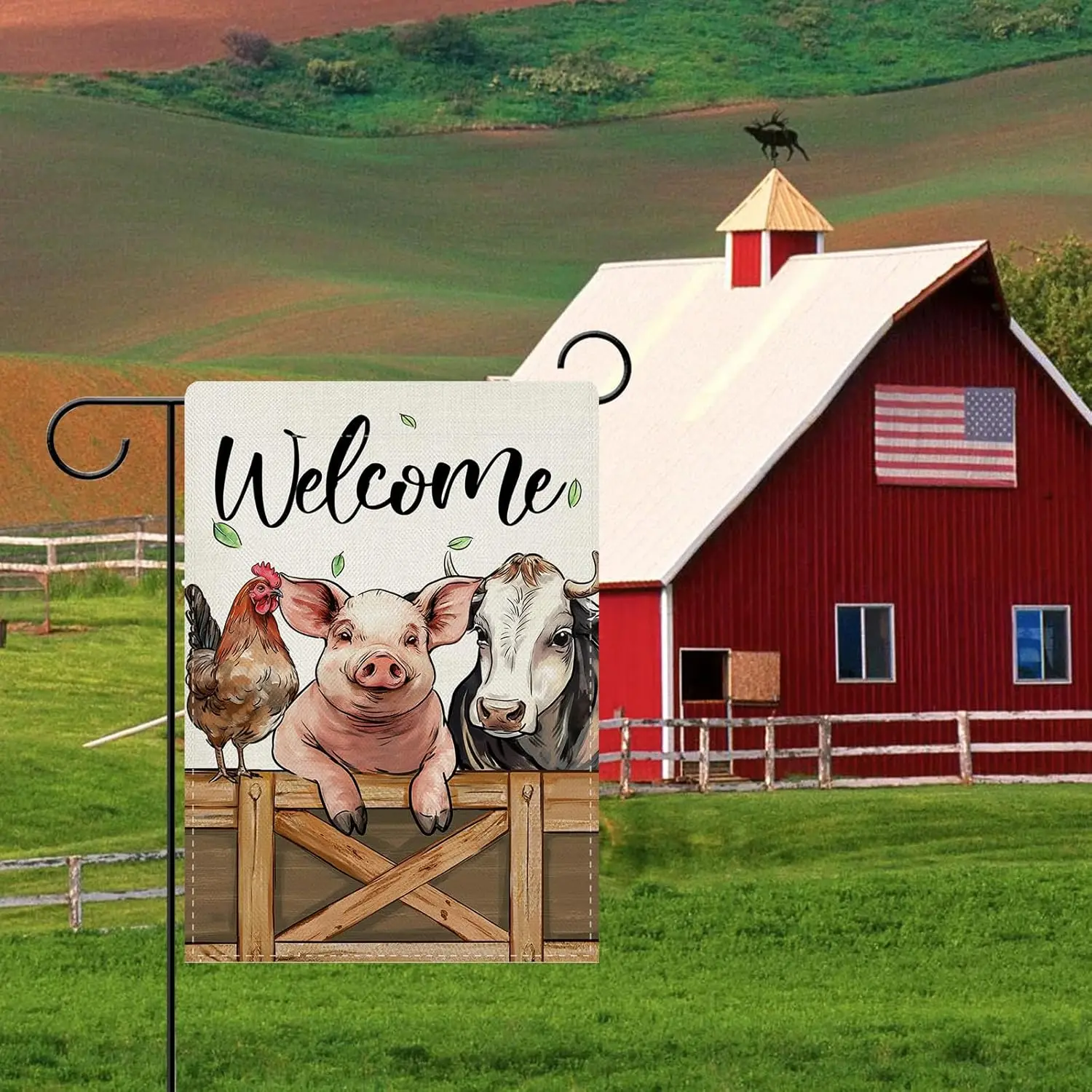 Dyrenson Welcome Farm Animals Decorative Garden Flag, Pig Cow Rooster Yard Outside Home Decoration, Farmhouse Burlap Outdoor jjp