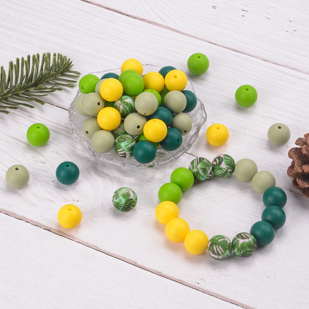 LOFCA 30Pcs 15mm Silicone Beads Round Loose Mix Print Beads For Jewelry Making DIY KeyChain Bracelet Necklace Jewelry accessorie