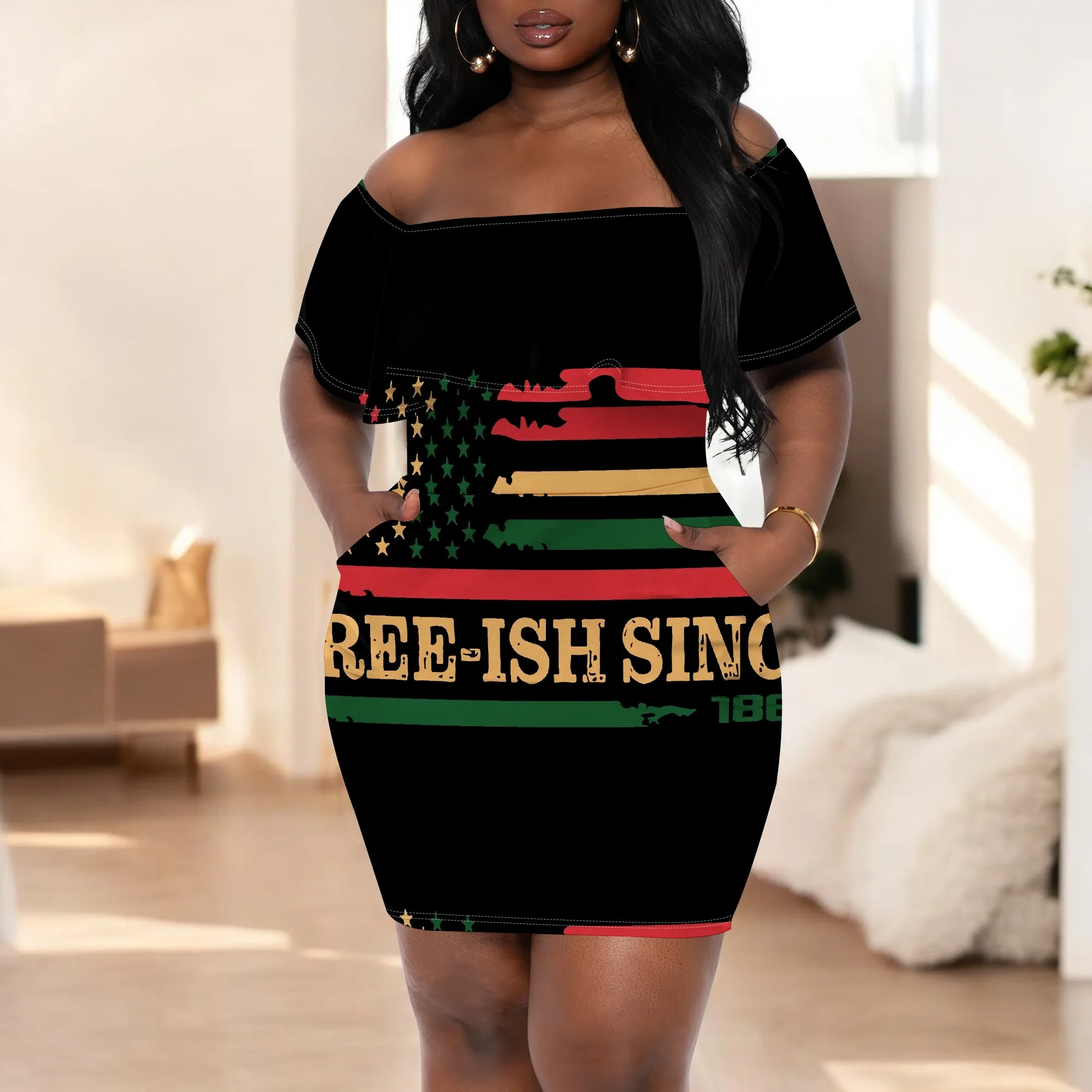 

Juneteenth Flag Print Off Shoulder Mini Dress S-3XL FREE-ISH SINCE 1865 Rasta Color Bodycon Dress with Pockets for Women